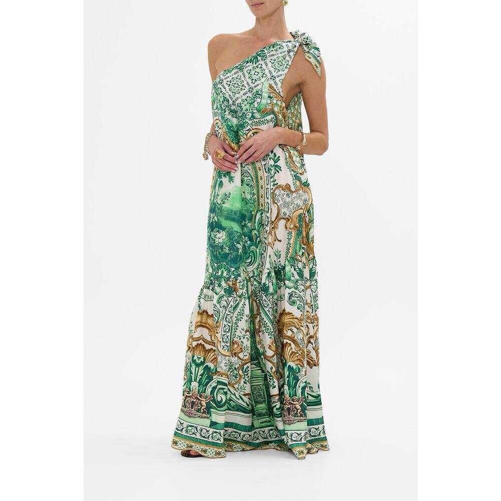 NWT Camilla Corridor Of Calm Green Silk One Shoulder Tie Maxi Dress sz M L - Picture 4 of 15